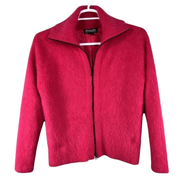 Vintage VENESHA Womens L 80% Angora Fuzzy Fuchsia Zip Sweater Jacket Old Money - Picture 4 of 16